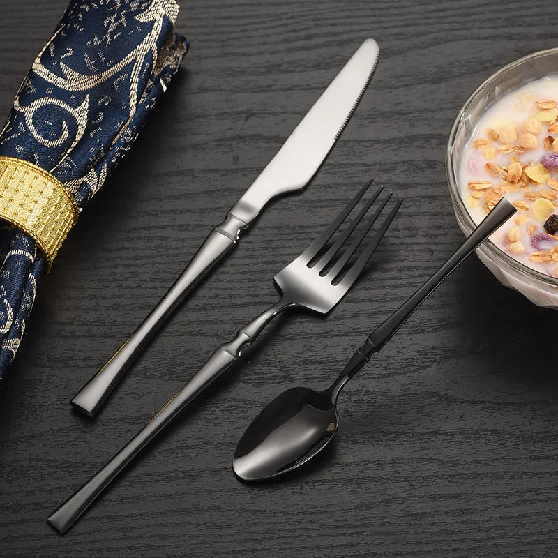 40/60-Piece Black Stainless Steel Cutlery Set, Mirror Polished, Including Dinner Forks, Steak Knives, and Soup Spoons, Suitable