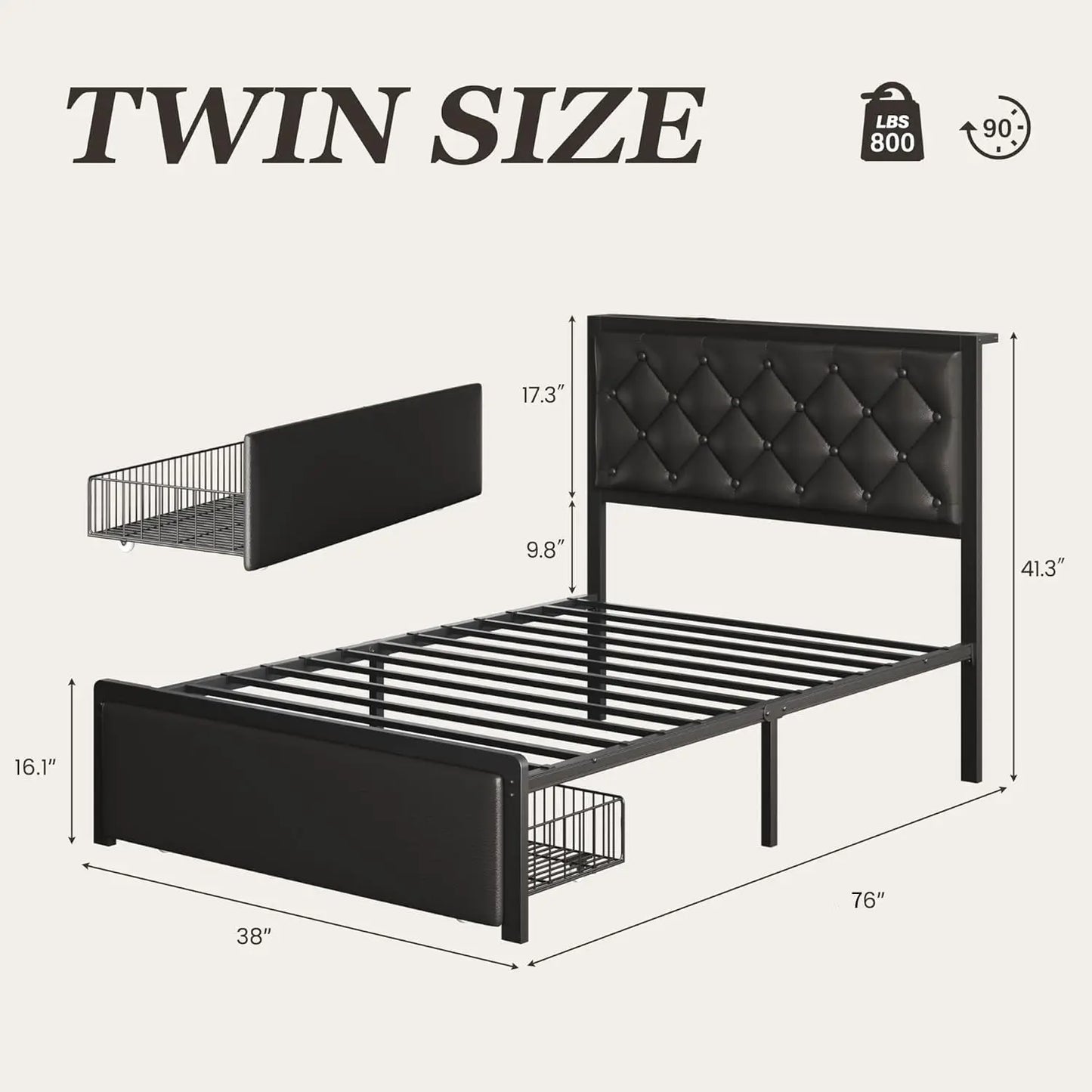 Twin Bed Frame with Storage Drawer, Upholstered Headboard Button Tufted Bed Frame with Charging Station, No Box Spring Needed, Noise-Free, All Metal Structure, Black