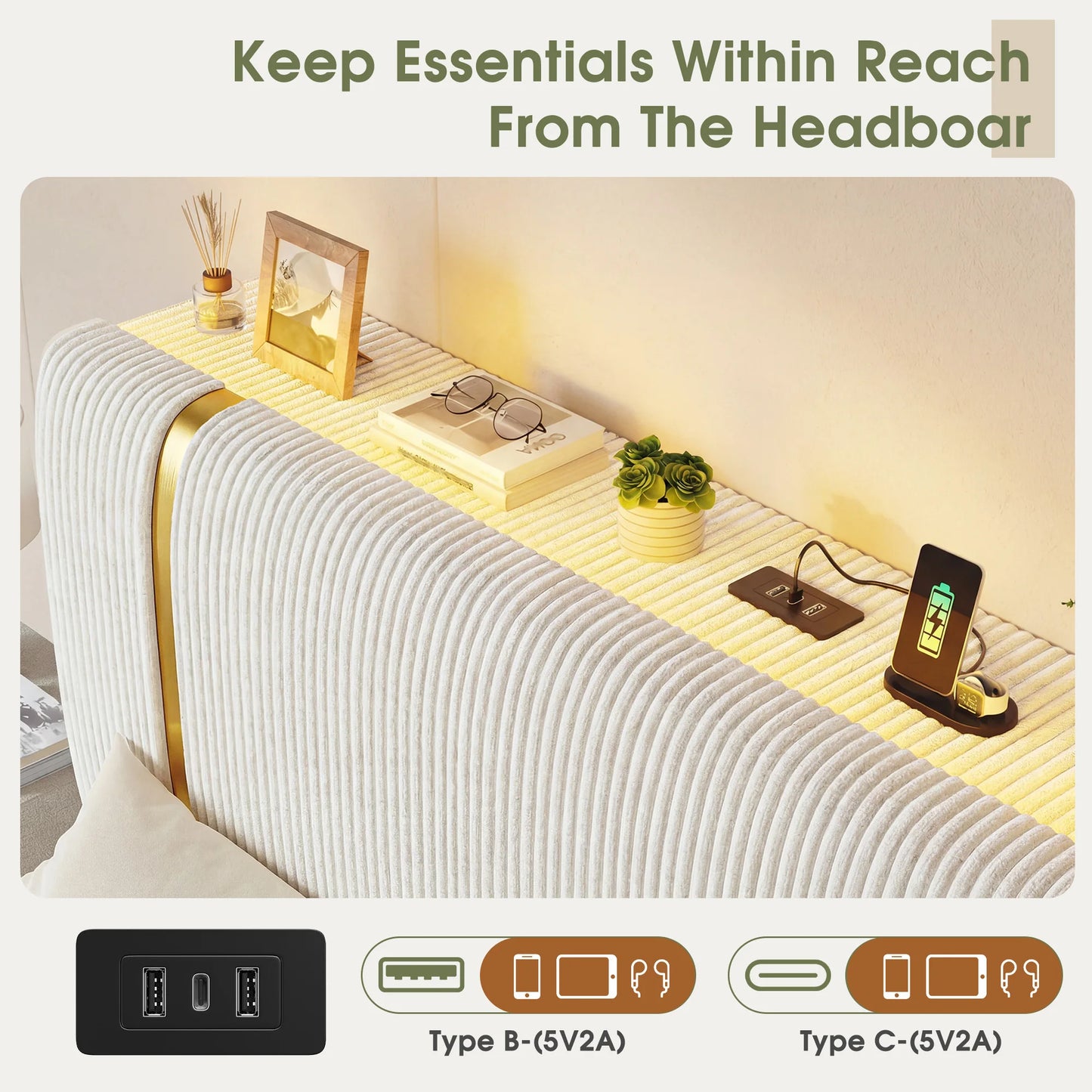 EnHomee Bed Frame with 6 Storage Drawers, Soft Upholstered Bed Frame with LED Light & Charging Station, Adjustable Tall Corduroy Headboard