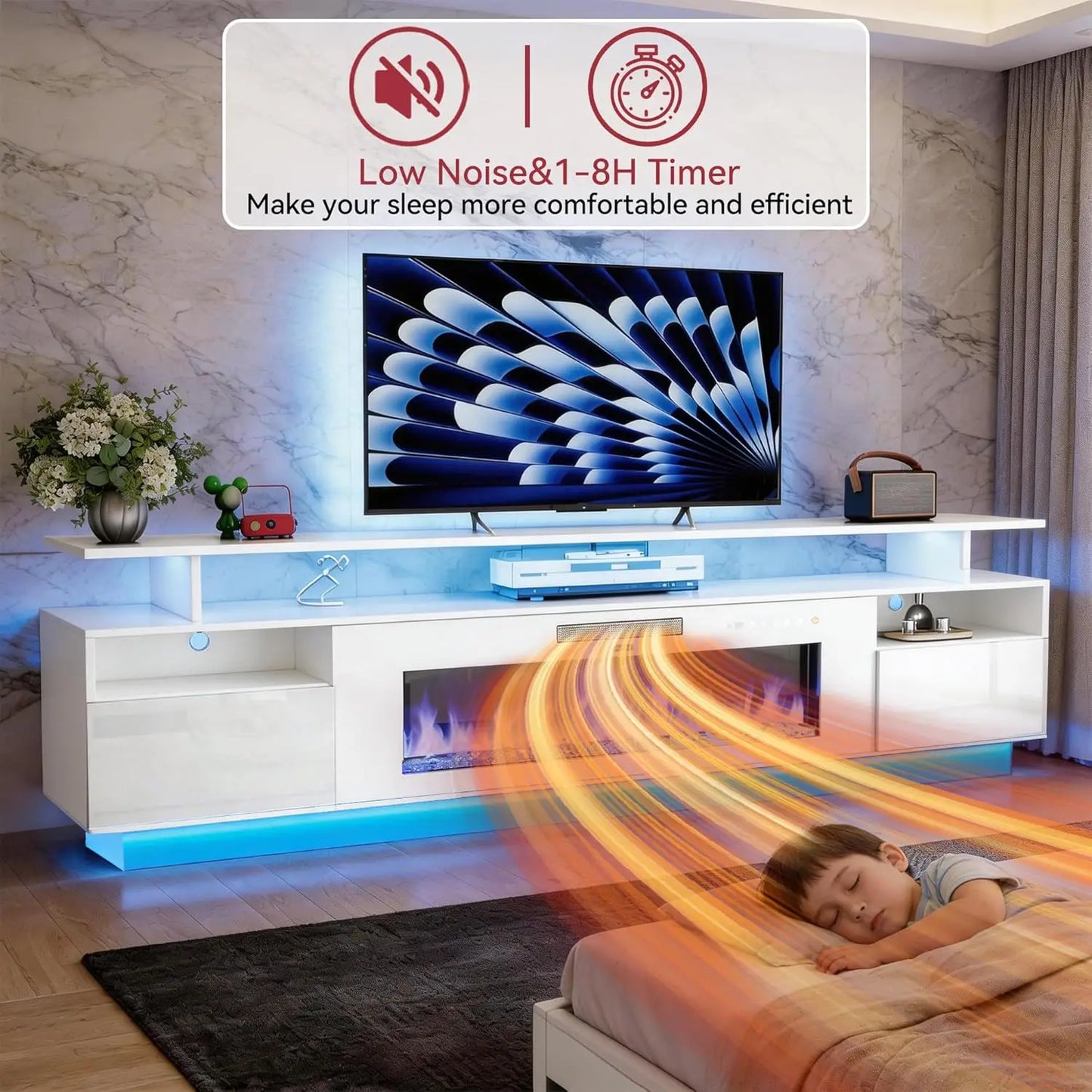 70" Fireplace TV Stand with 36" Electric Fireplace Entertainment Center with Charging Station and LED Light Console, Custom