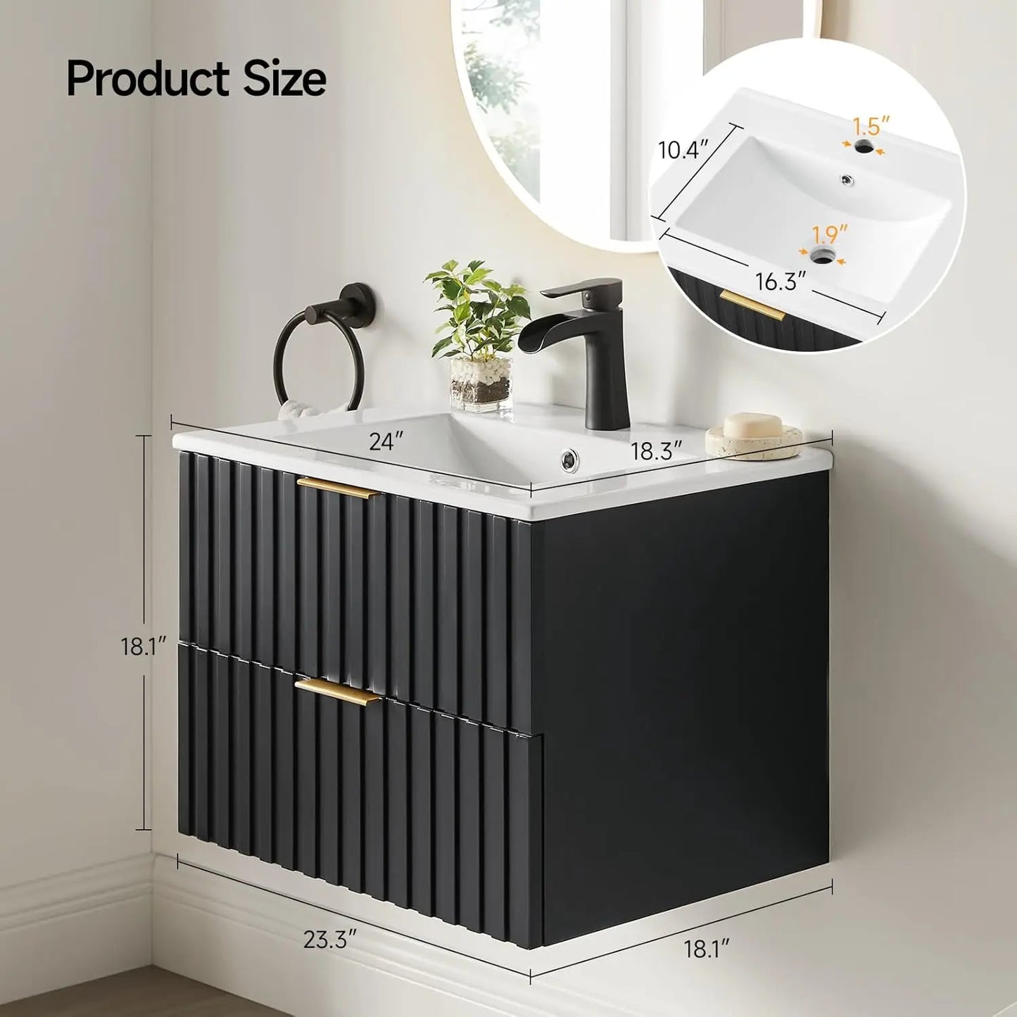 Bathroom Vanity with Sink, Wall Mounted Fluted Cabinet with 2 Golden Metal Handle Drawers, Floating Bathroom Cabinet(Black, 24")