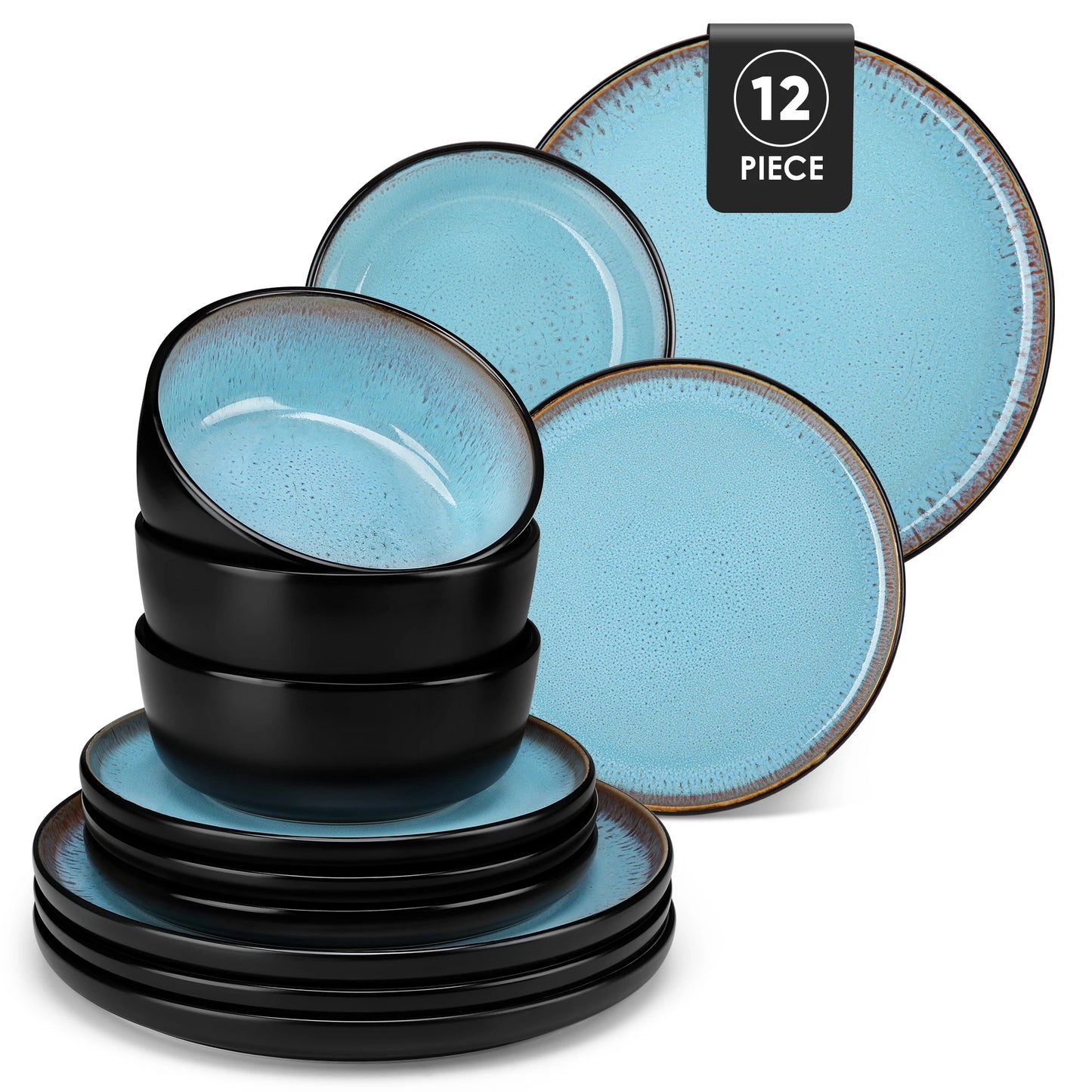 vancasso AMBER 12/16 Piece Ceramic Dinnerware Set Matte Black Stoneware Plats Set with 4/6 pcs Dinner Plate/Dessert/Bowl/Soup