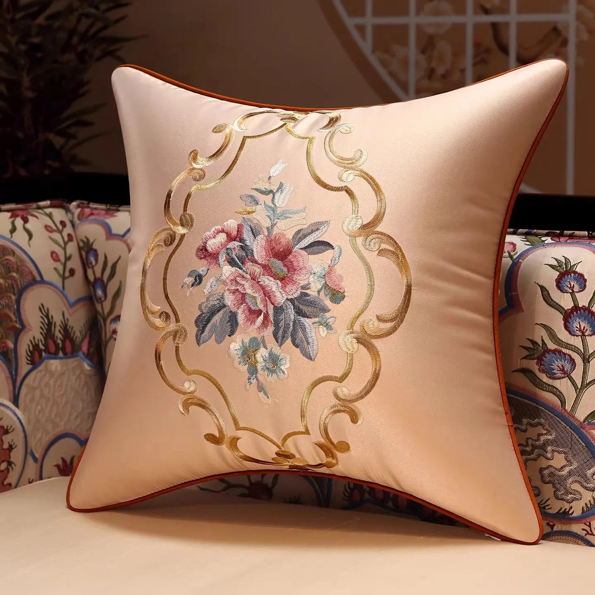 New Chinese Style Embroidered Bird Cushion Cover Living Room Sofa Waist Pillow Luxurious Classical Bed Head Silk Pillowcase