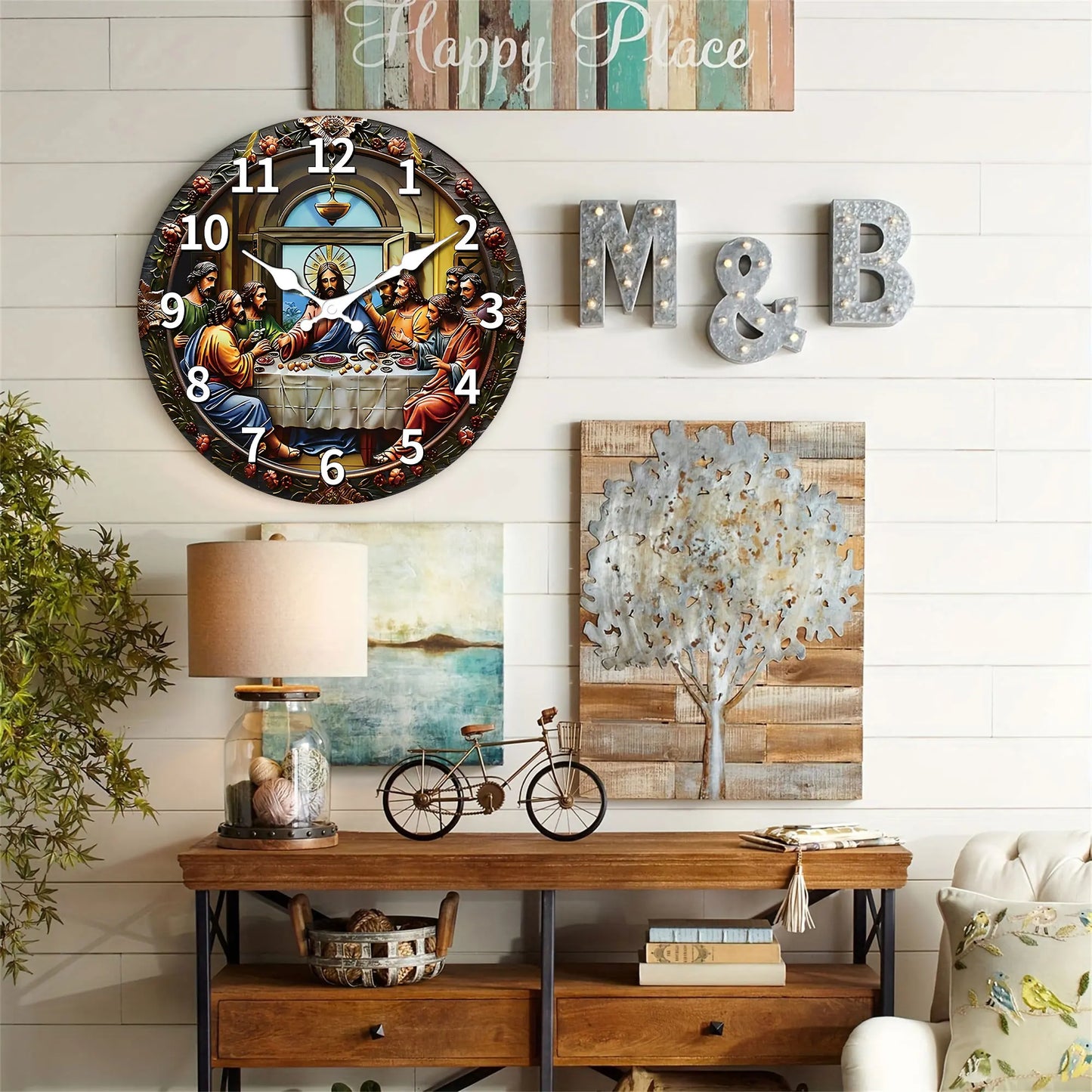 A wooden veneer wall clock, "Last Supper" themed design Flat wall clock, non-ticking silent clock, Living Room Bedroom, Office,