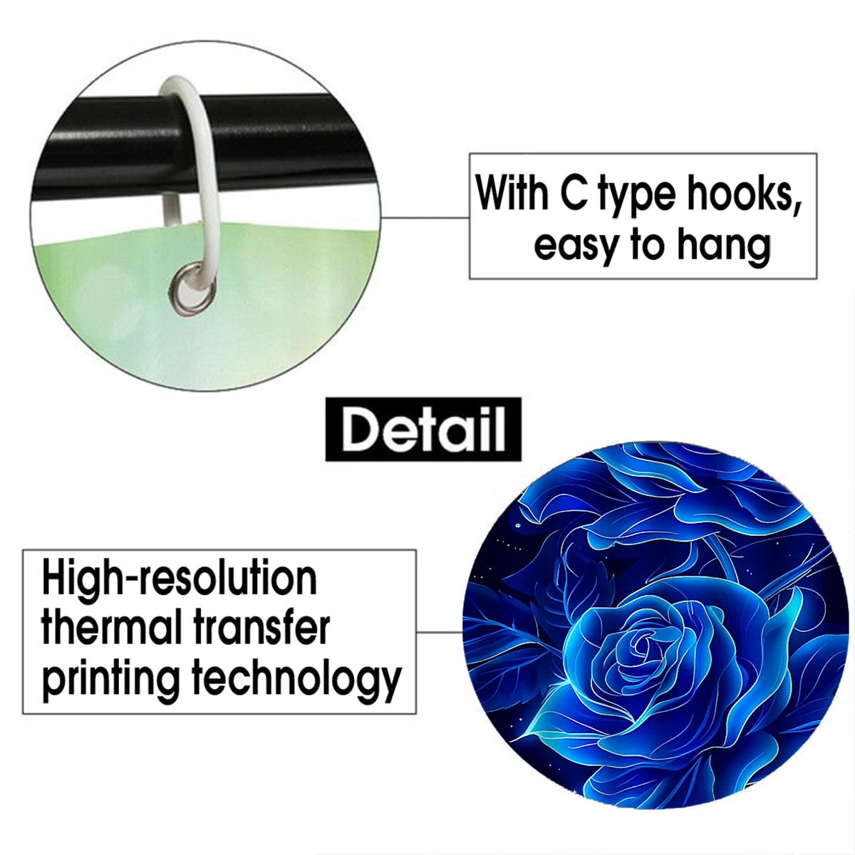 4Pcs Glowing Blue Rose Shower Curtain Set with Hooks, Neon Floral Starry Night Print Waterproof Mildew Resistant Fabric Bath Mat for Family Bathroom Home Decor