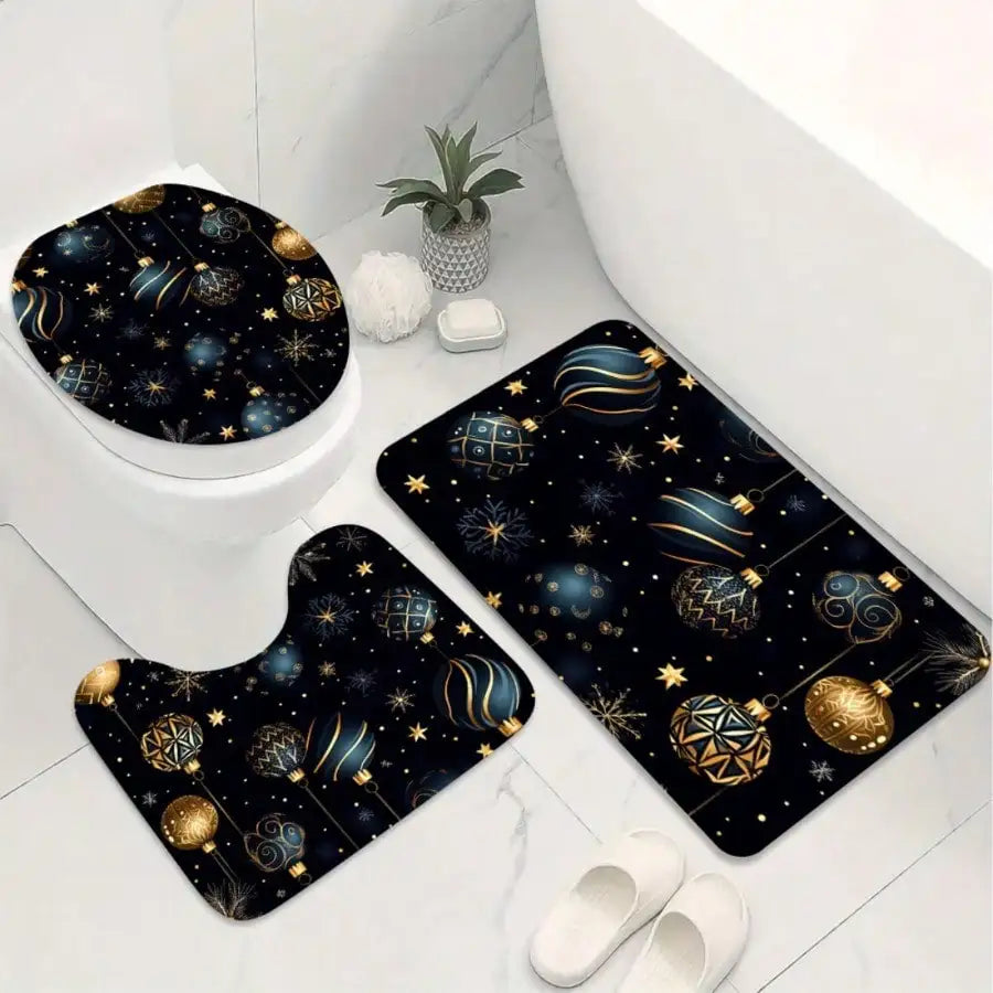 1/4Pcs Xmas Shower Curtain Set Black Gold Christmas Ball Snowflake Print Bathroom Accessory Set Non Slip Mat Toilet Cover Machine Washable