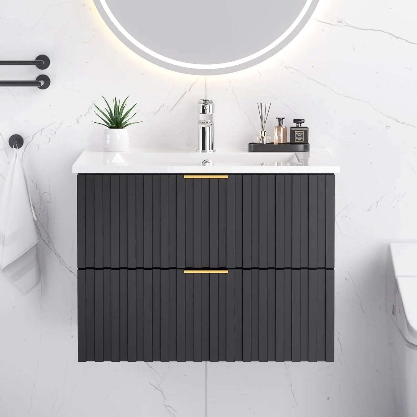 Bathroom Vanity with Sink, Wall Mounted Fluted Cabinet with 2 Golden Metal Handle Drawers, Floating Bathroom Cabinet(Black, 24")
