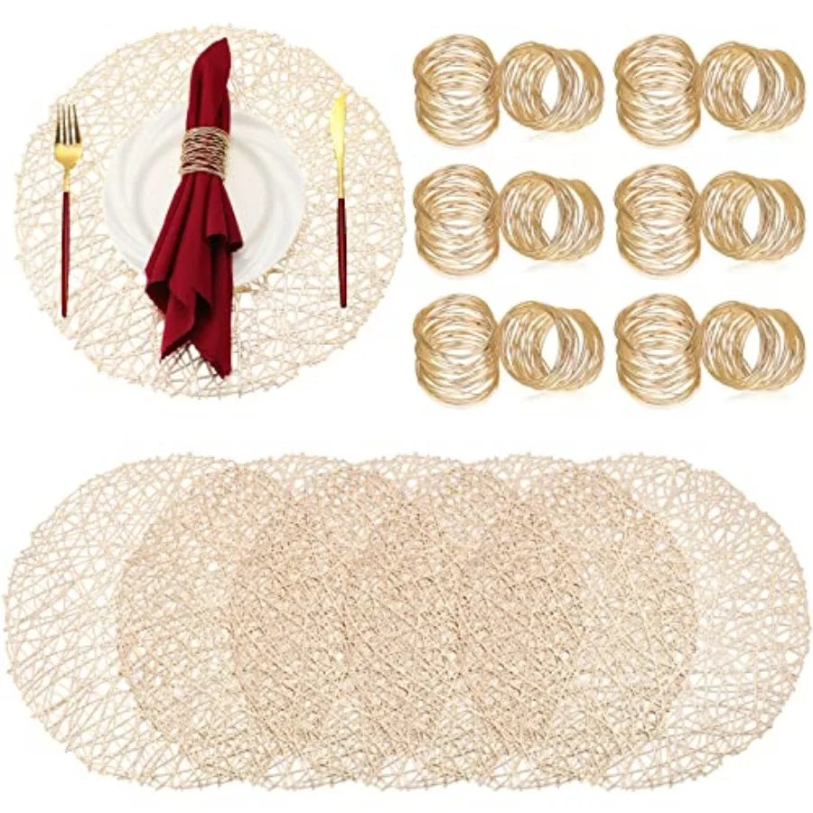 Set of 12 Woven Gold Placemats Hollow Out Holiday Metallic Mats Golden Round Placemats Handmade Mesh Napkin Rings Holder Gold N