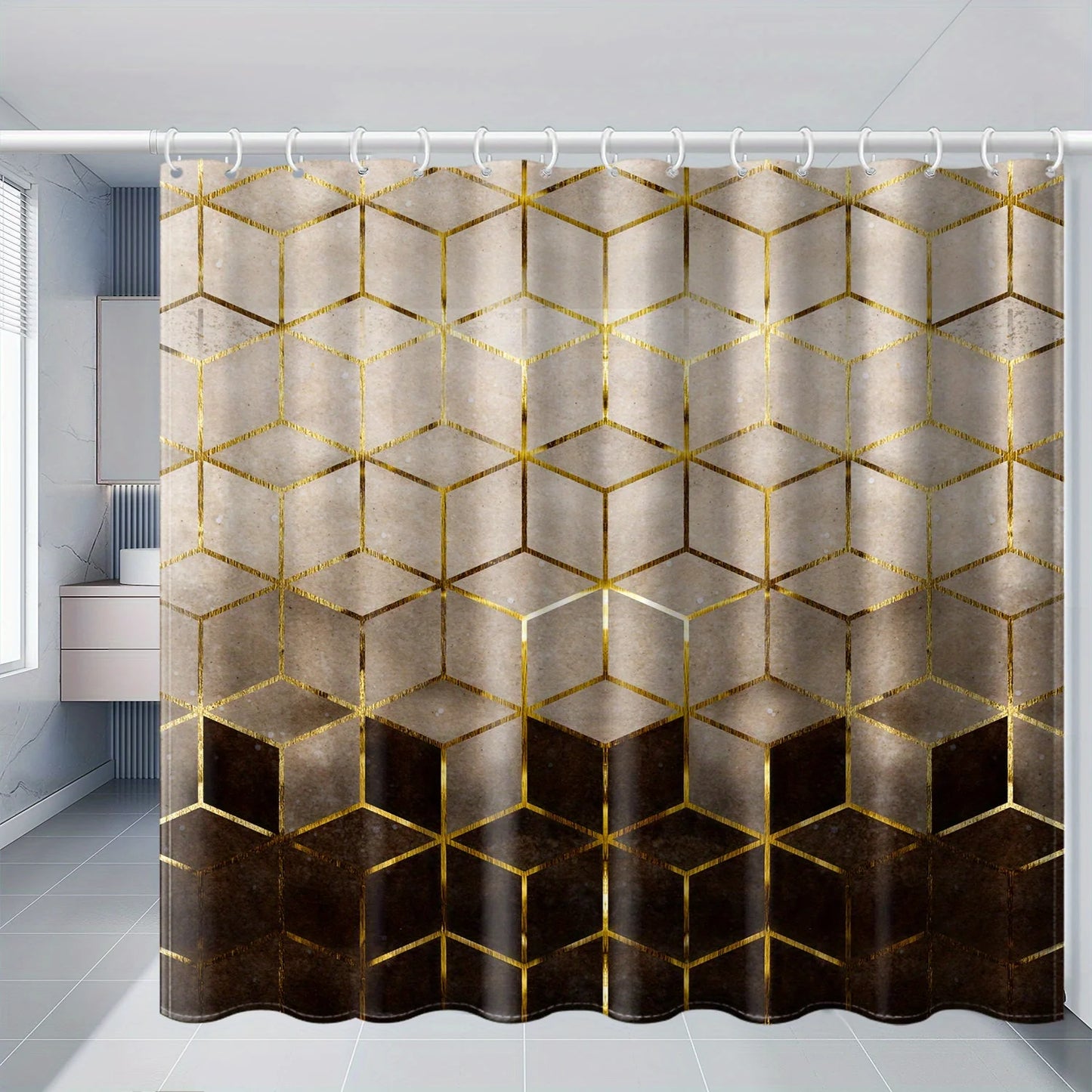 Shower Curtain 1pc Golden Brown Gradient Geometric Grid Abstract Pattern Printed Polyester Fabric Waterproof Mildew Resistant Washable Bathroom Hanging Drapery Tub Window Wall Luxury Decoration Home Supplies Multi Sizes Thank