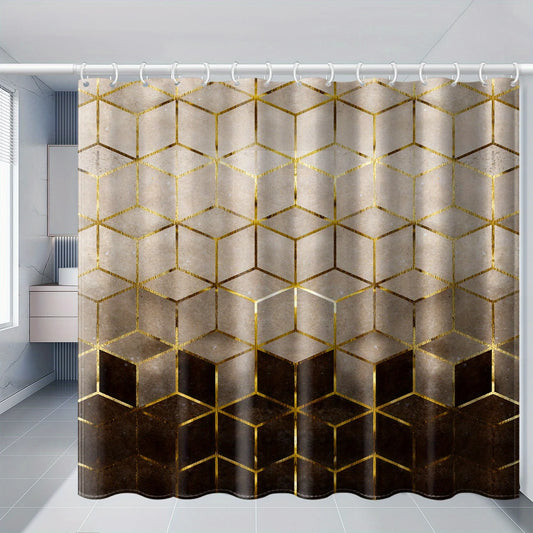 Shower Curtain 1pc Golden Brown Gradient Geometric Grid Abstract Pattern Printed Polyester Fabric Waterproof Mildew Resistant Washable Bathroom Hanging Drapery Tub Window Wall Luxury Decoration Home Supplies Multi Sizes Thank
