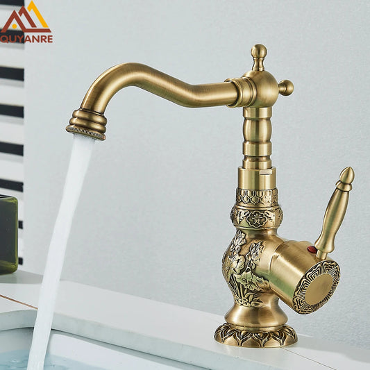 Basin Faucets Antique Brass Faucet Basin Carving Tap Rotation Single Handle Tap Mixer Taps Bathroom Vessel Sink Faucet