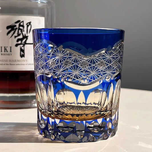 Chamvin Japanese Edo Kiriko Stellar Pulse Whiskey Glass , Hand Carved, Wooden Box Gift, Thick Bottom Wine Glass