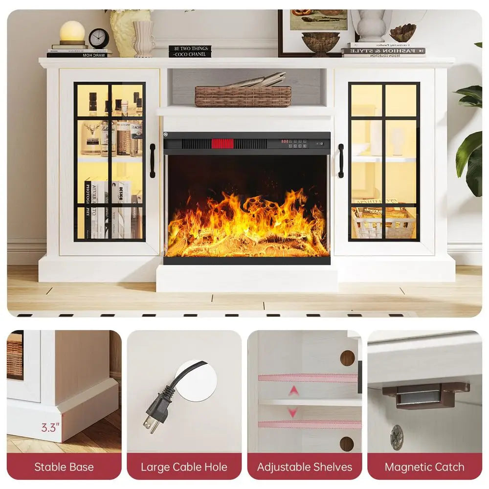 59 Fireplace TV Stand, 3 Sided Glass Media Entertainment Center Console Table for TVs up to 65 with Glass Door Adjustable Flame