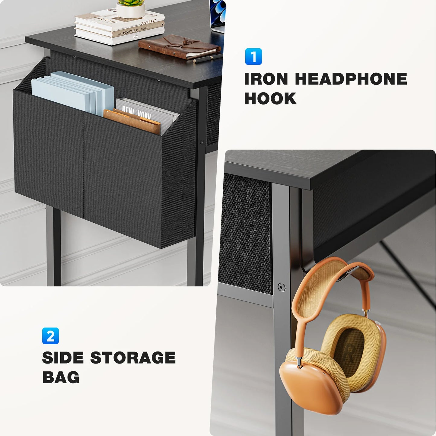 JHK 32 Inch Modern Office Computer Desk with Fabric Storage Drawers Space Side Bag Metal Frame Adjustable Feet For Home PC Table