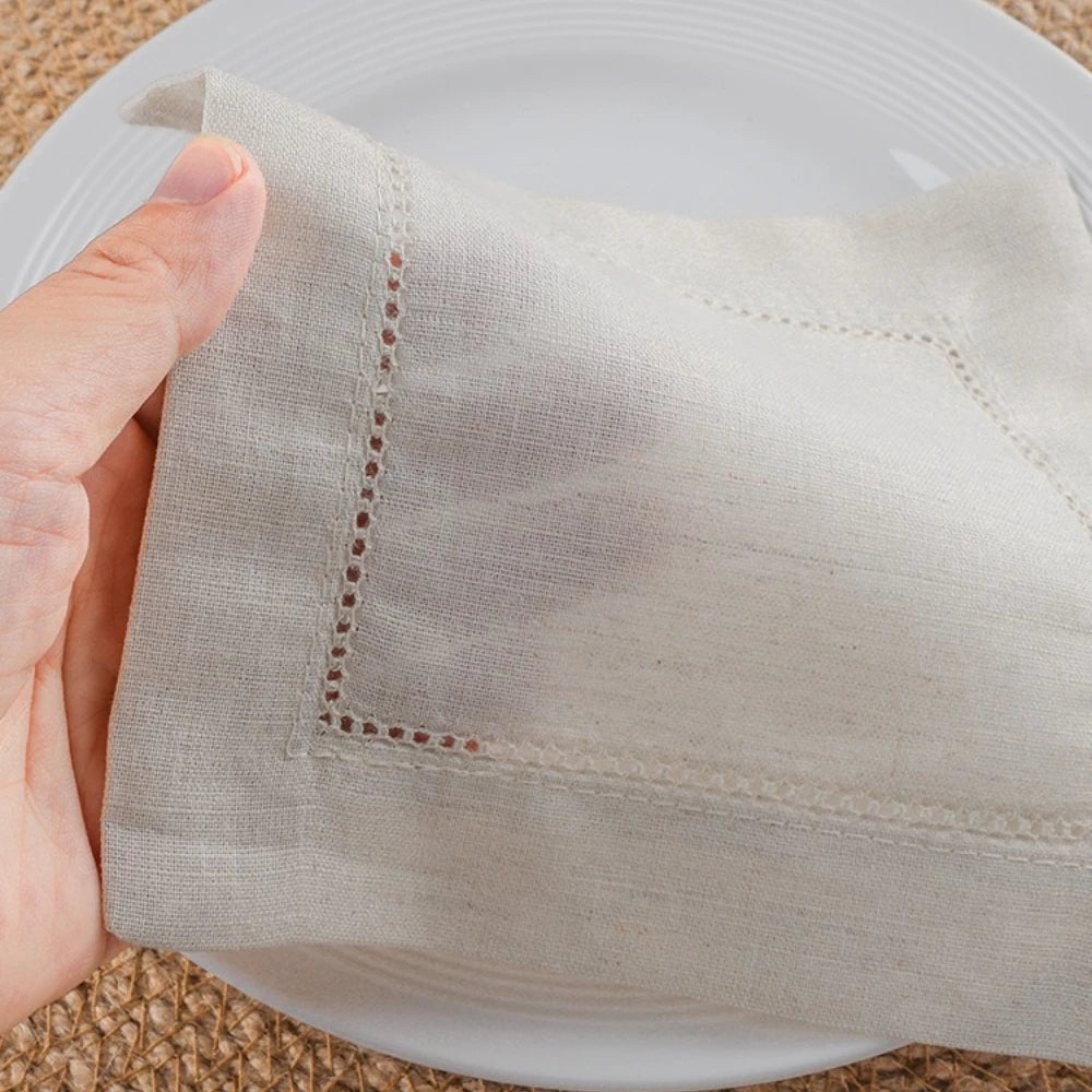 Set of 12 White Linen&Cotton Hemstitched Cocktail Napkins 6X6 Inch Washable Cloth Napkin Coasters for Wedding Bar Beverage Party