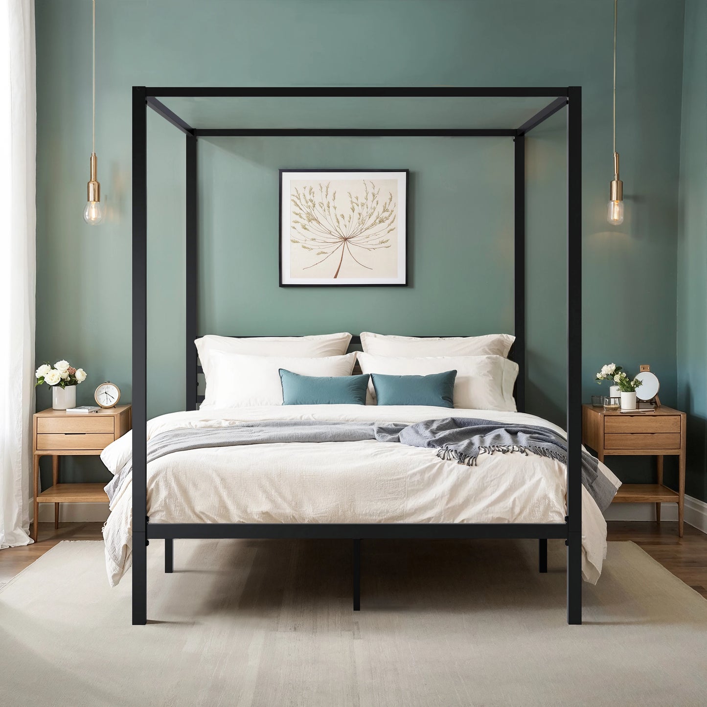 HOOMIC Canopy Bed Frame, Enhanced 4-Poster, 3-Metal Crossbar, No Box Spring Needed, Easy Assembly
