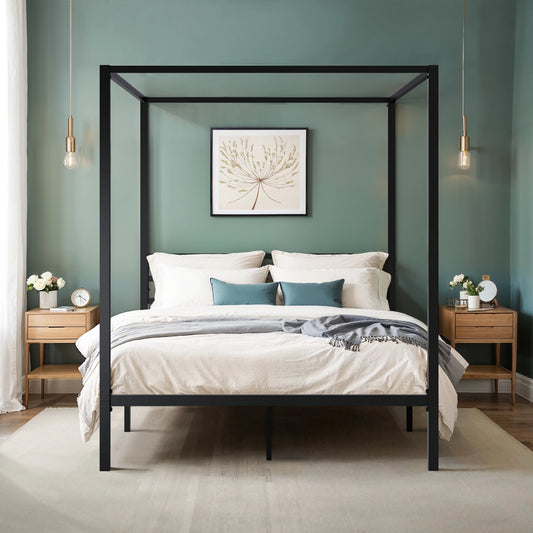 HOOMIC Canopy Bed Frame, Enhanced 4-Poster, 3-Metal Crossbar, No Box Spring Needed, Easy Assembly