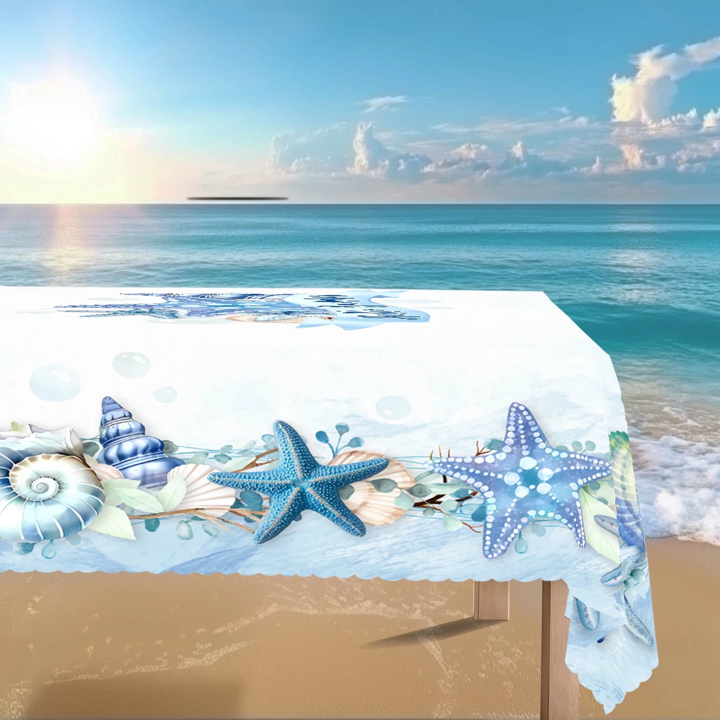 Coastal Tablecloth, Ocean Nautical Table Cloth, Polyester fibre, Coral Starfish Seashell Table Covers, Beach Themed Table
