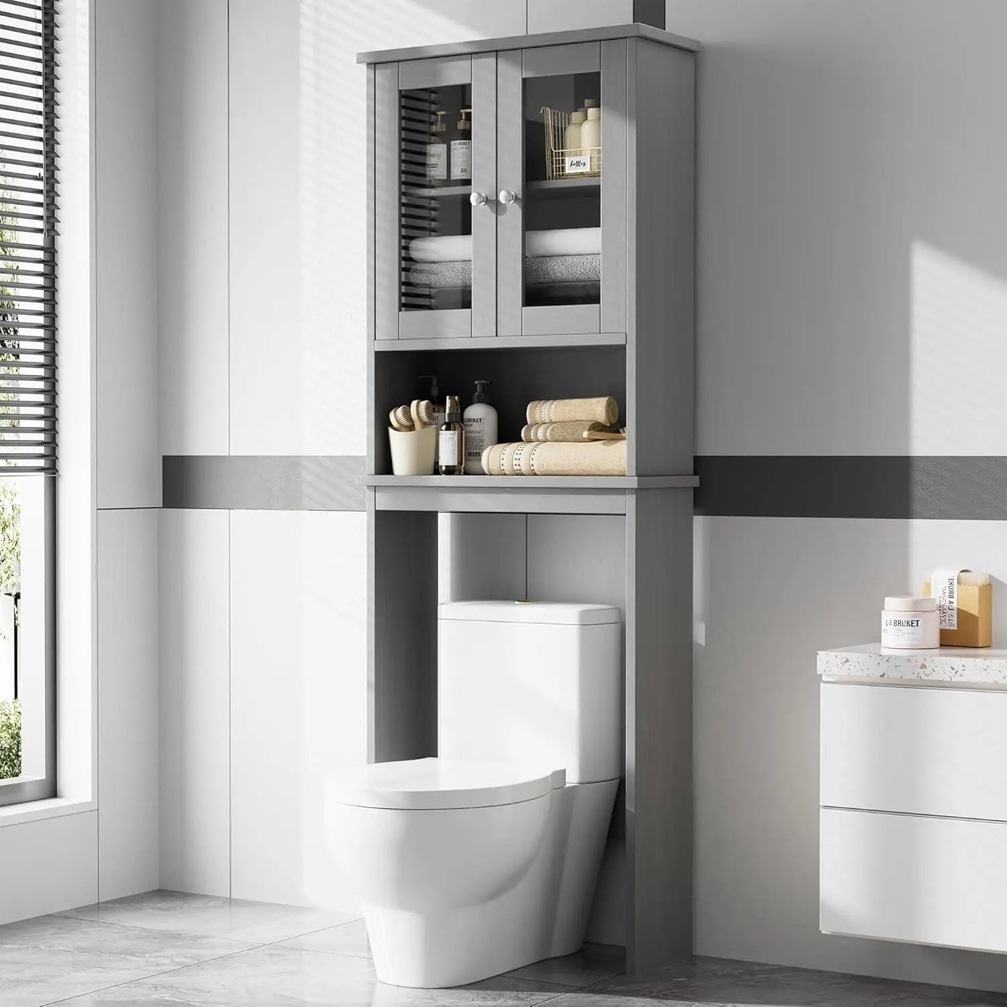 Over The Toilet Storage Cabinet, Bathroom Storage Cabinet Over Toilet, Space Saver with 2 Tempered Glass Doors, Grey, Customized