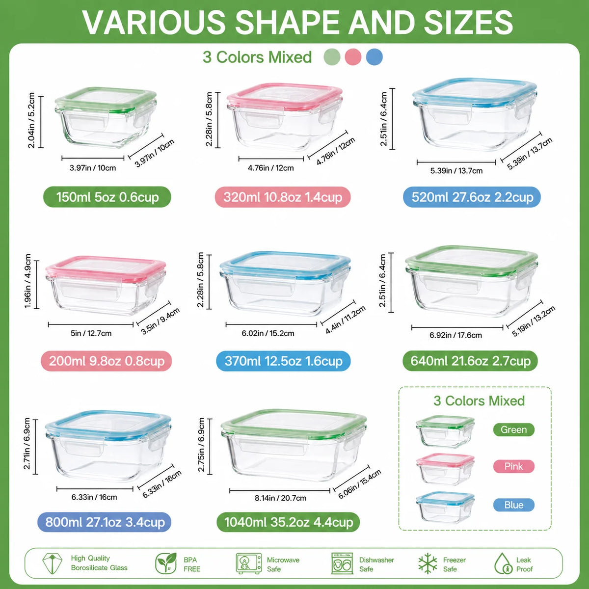 8 Pack Multi-capacity Glass Storage Organizer with Snap Lock Lids, Glass Food Containers Complete with Marker and Label Stickers, Stackable Vessels for Household Dry Food Arrangement, School Lunch Prep and Outdoor Picnic Orga