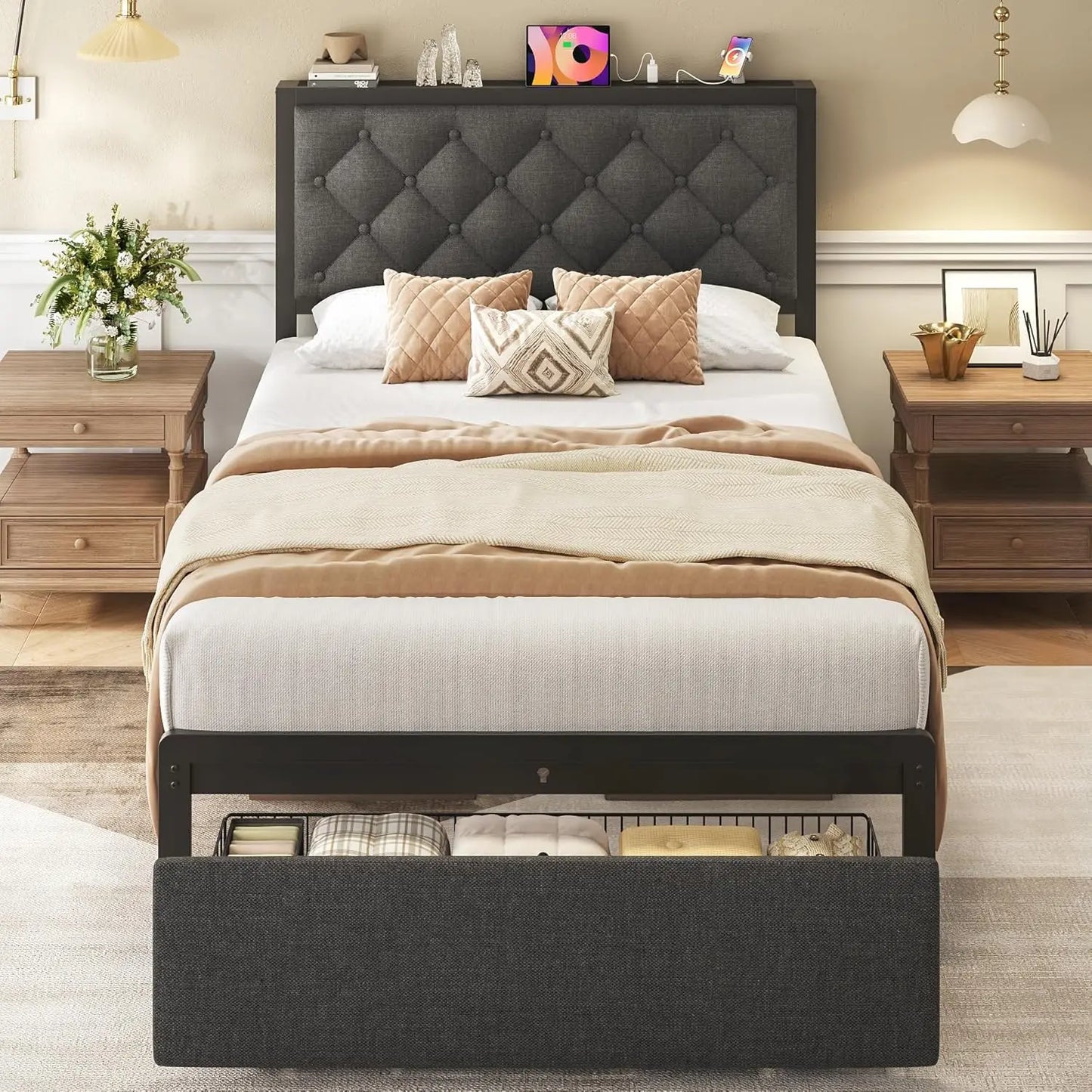 Twin Bed Frame with Storage Drawer, Upholstered Headboard Button Tufted Bed Frame with Charging Station, No Box Spring Needed, Noise-Free, All Metal Structure, Black