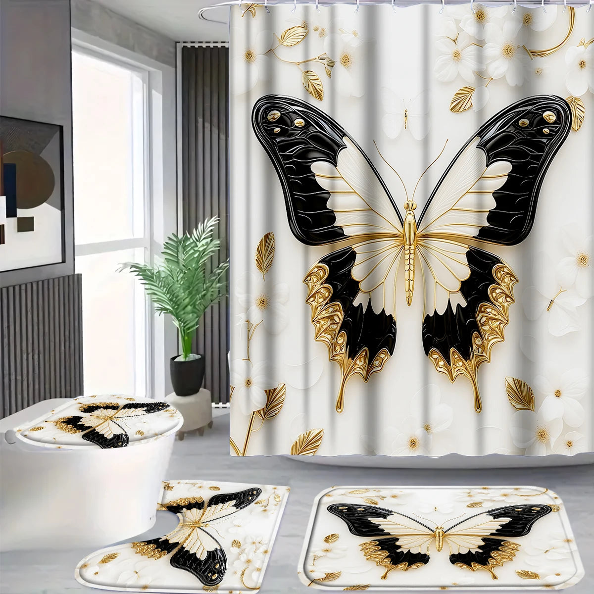 4Pcs Luxury Gold Butterfly Shower Curtain Set with Hooks, Elegant Black White Floral Print Waterproof Mildew Resistant Fabric Bath Mat for Family Bathroom Home Decor