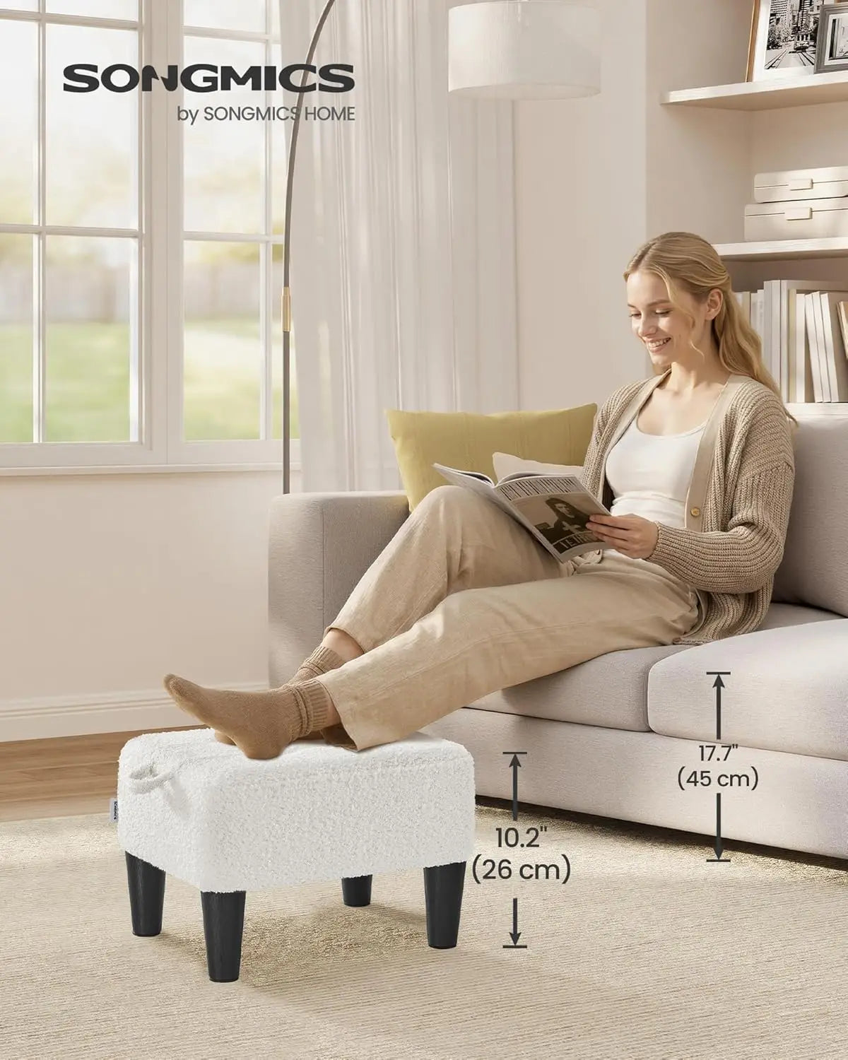 Teddy Fleece Foot Stool Ottoman with Thick Cushion, 330 lb Capacity, Cream White and Ink Black