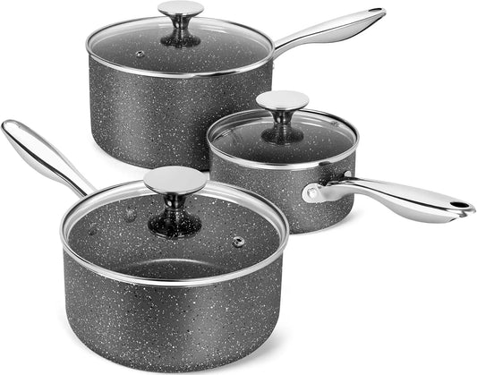 MICHELANGELO 3 Piece Granite Coated Pot Set with Lid 1QT 2QT 3QT Stainless Steel Handle for Oven and Induction Cooktop