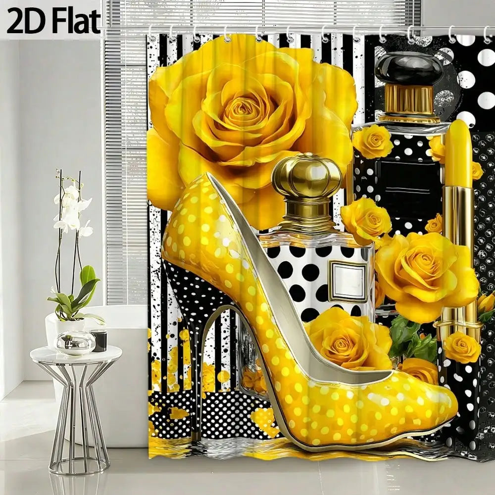 2D Flat, 1pc 2D Flat Shower Curtain with Rose Floral Pattern, Paired with Black and White Polka Dots and High Heels