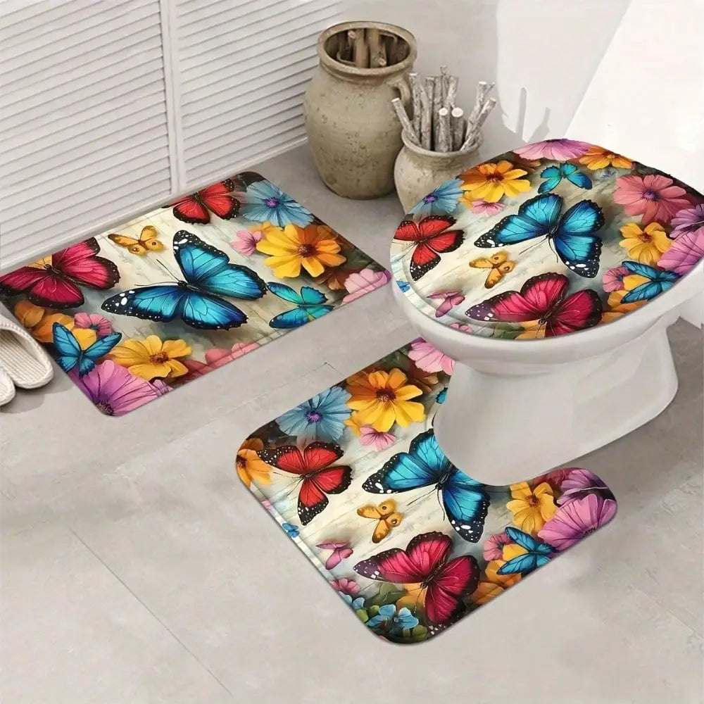 4pcs/1pc Colorful spring butterfly flower machine washable shower curtain set with anti slip blanket and U-shaped toilet pad