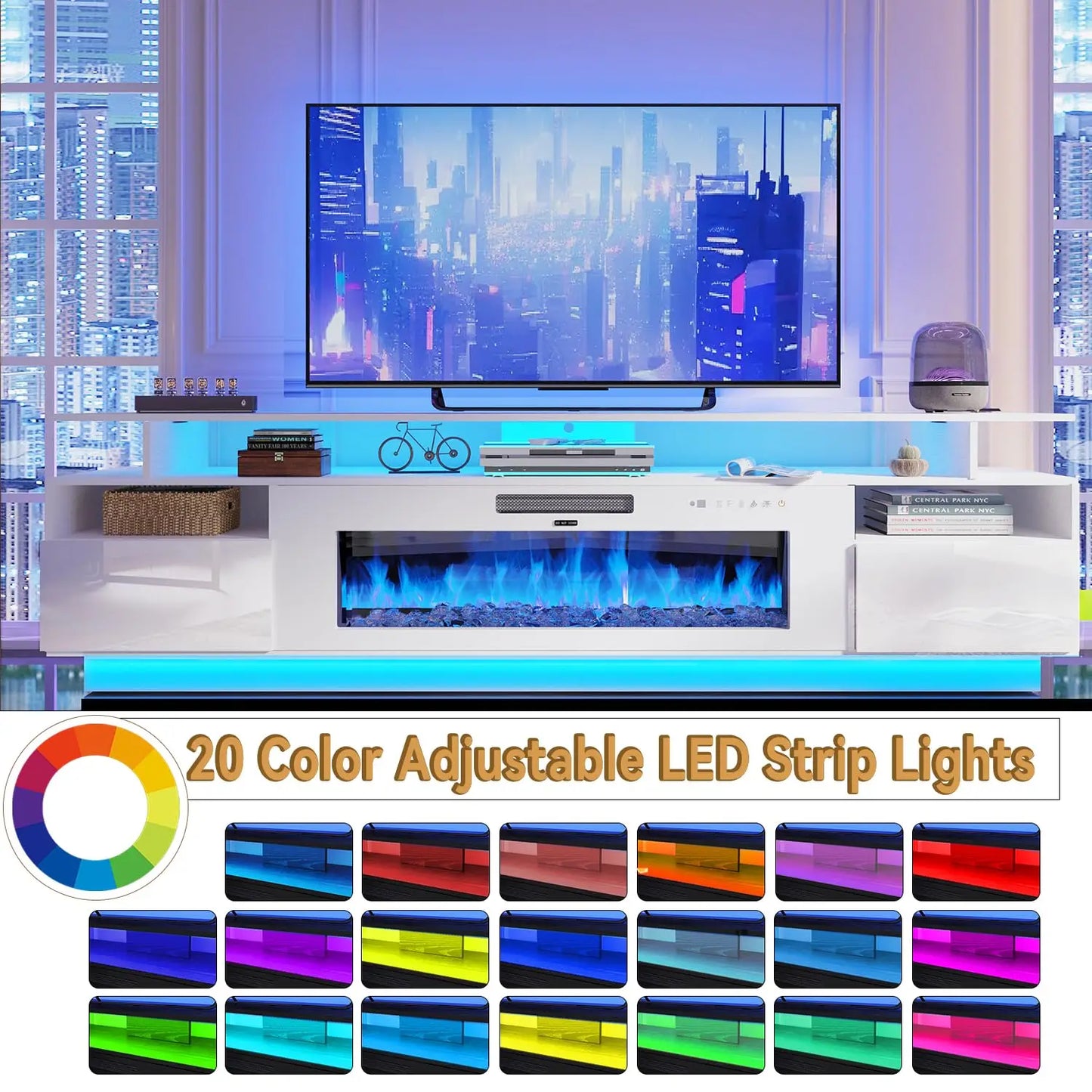 70" Fireplace TV Stand with 36" Electric Fireplace Entertainment Center with Charging Station and LED Light Console, Custom
