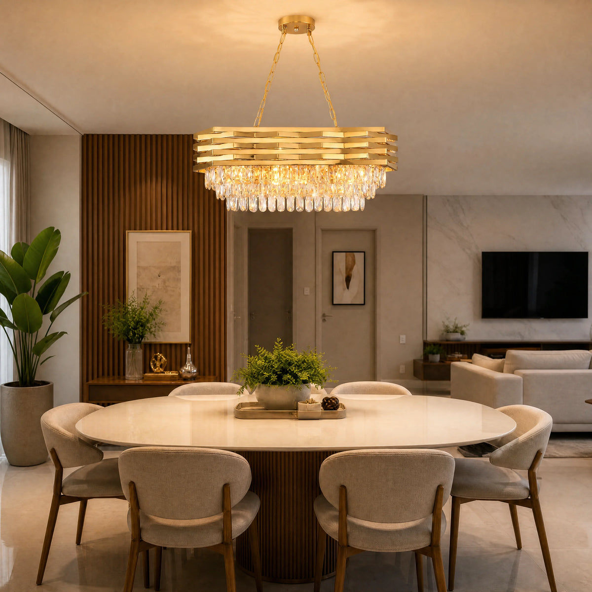 Modern Gold Crystal Chandelier, Luxury Pendant Light with Adjustable Hanging Chain, Rectangular K9 Crystal 8‑Light E14 Base Ceiling Lamp for Kitchen Island Dining Room Living Room