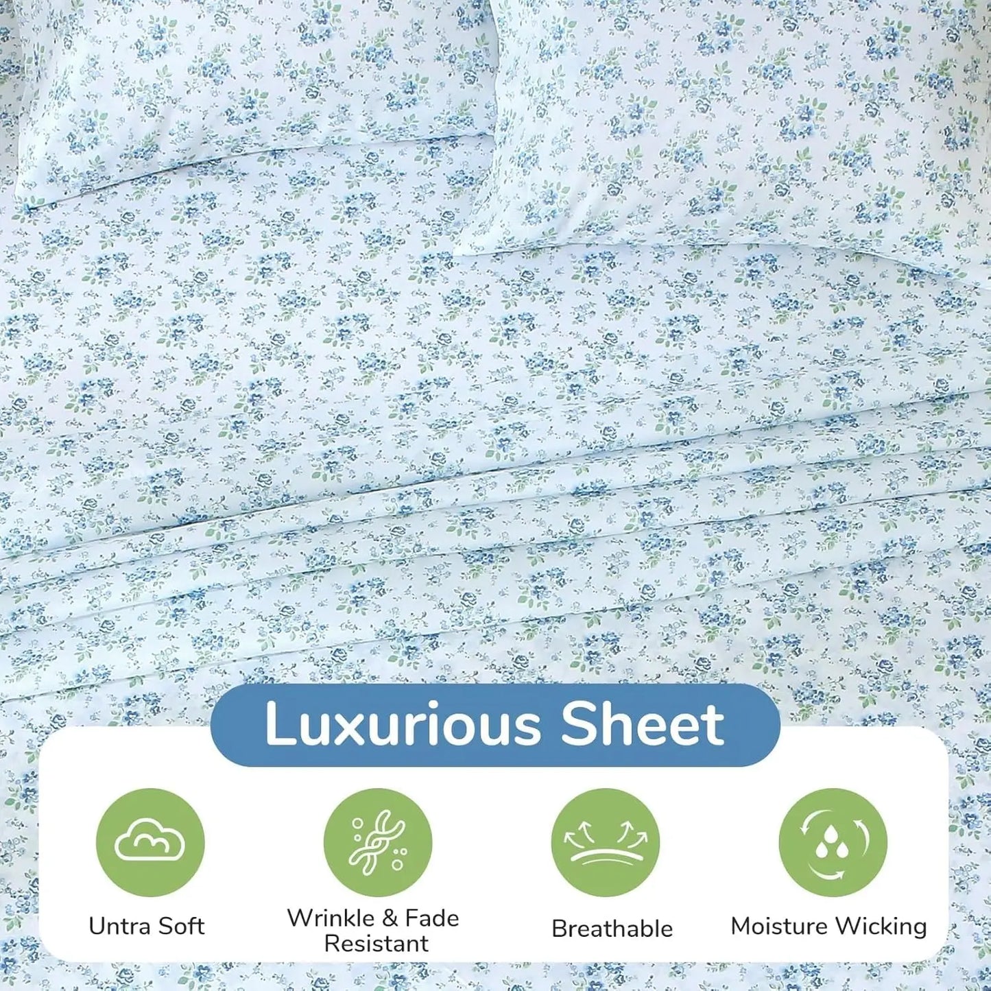 Queen Size 4-Piece Sheet Set, Soft Breathable Bedding with Deep Pocket Up to 16", Wrinkle-Free & Cooling - Blossoms Light Blue