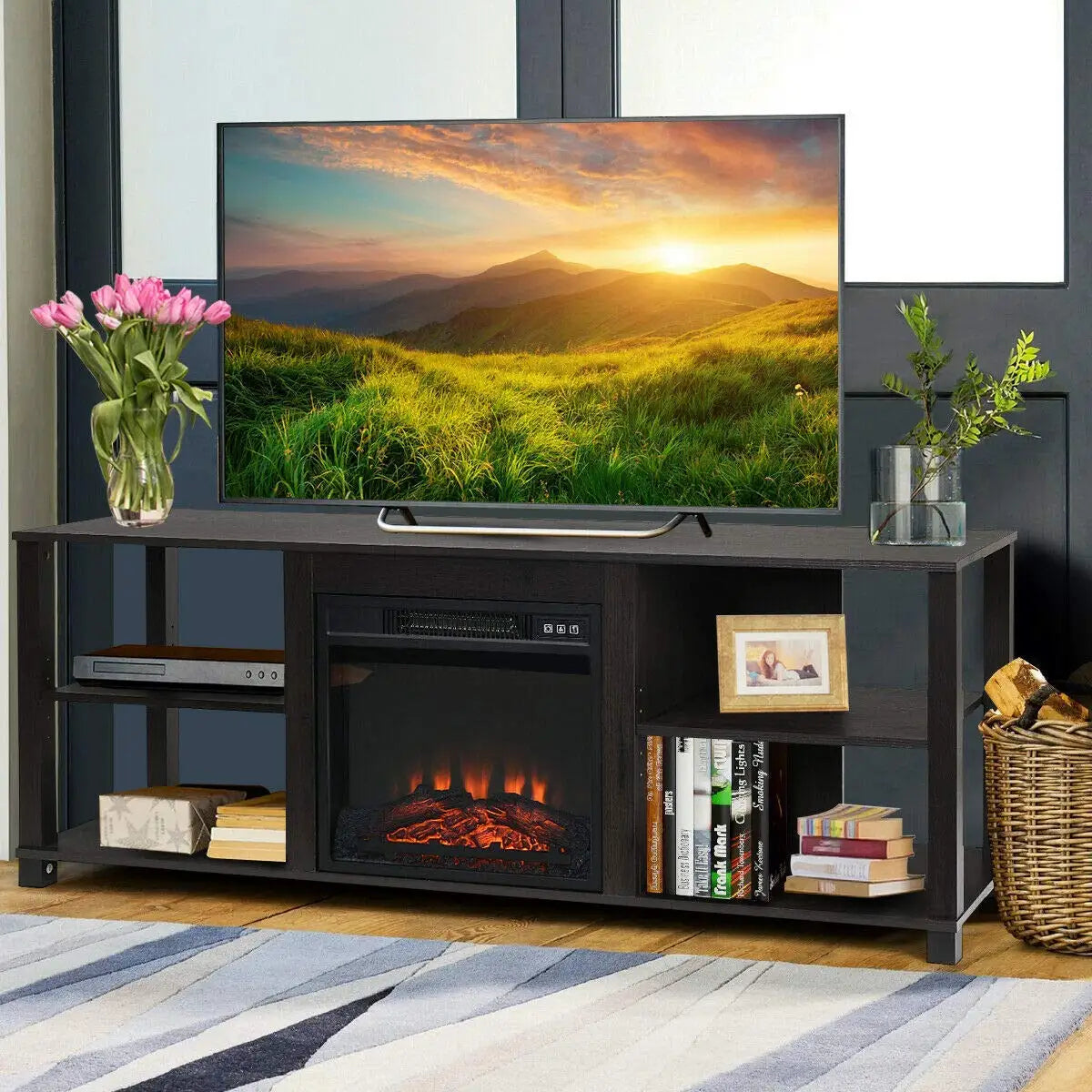 3-Tier TV Stand Storage Wood Entertainment Center 65 Inch Console 18" 1400W Electric Fireplace, Customized