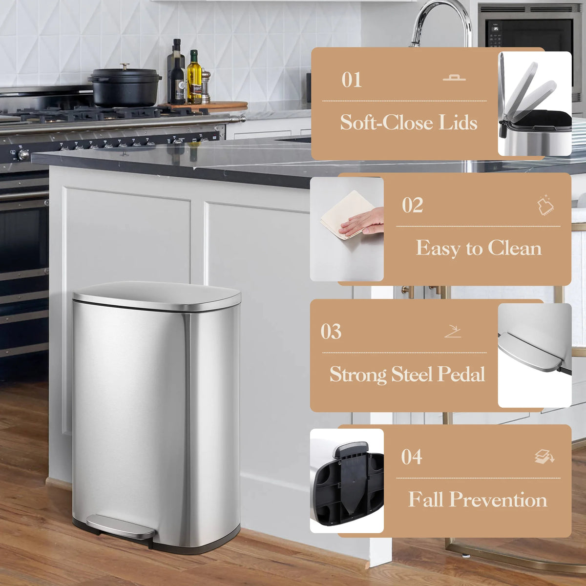 Large Capacity Stainless Steel Kitchen Trash Can 13 Gallon - Soft Close Step Pedal - Removable Inner Bucket - Fingerprint & Odor Resistant - Hands-Free Garbage Bin for Kitchen, Office, Bathroom