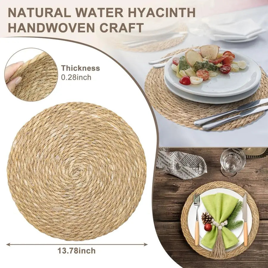 Woven Placemats Set of 10 with Wooden Napkin Rings, Round Charger Plates, Natural Rattan Dinner Place Mats for Dining Table Dec