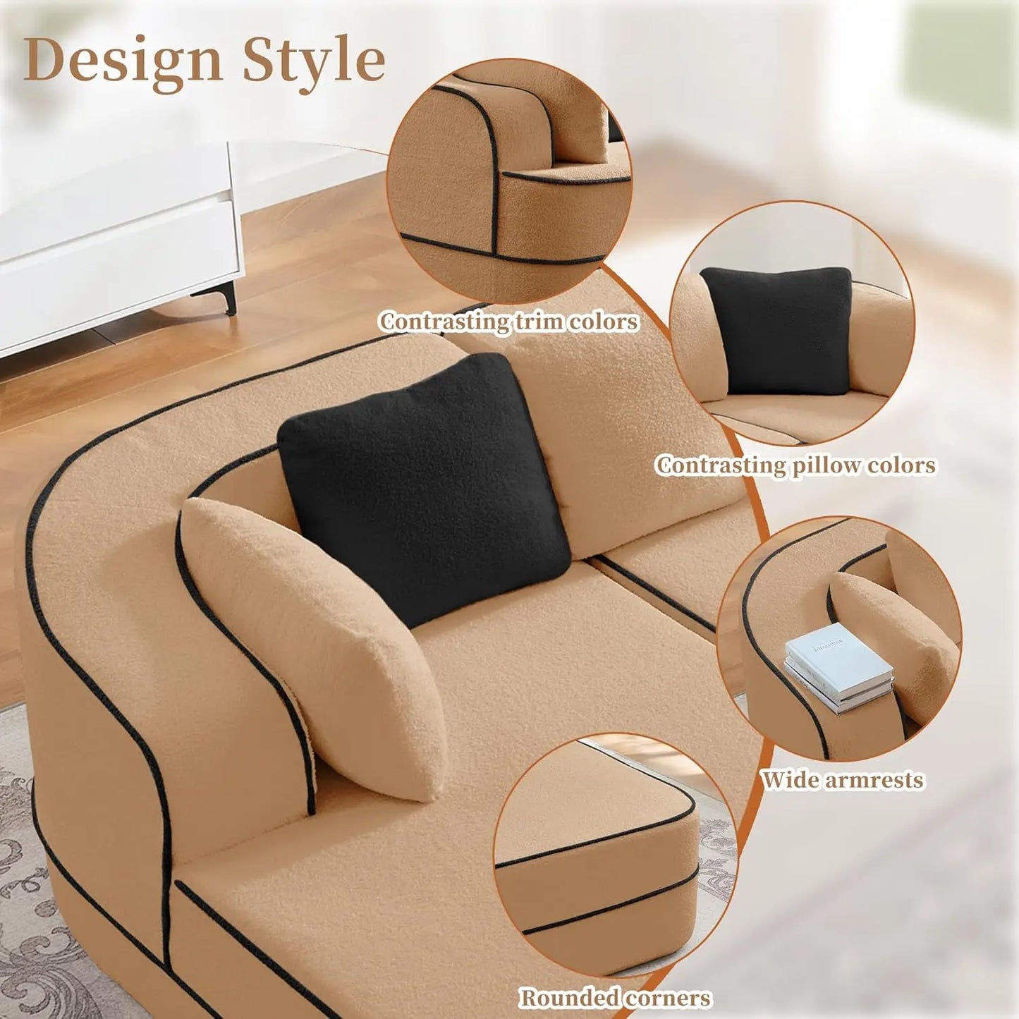 105.9" Contrast Color Boneless Sectional Couch, Teddy Fabric Foam Cloud Sofa, L Shaped Extra Deep Seat Wide Arm, Customized