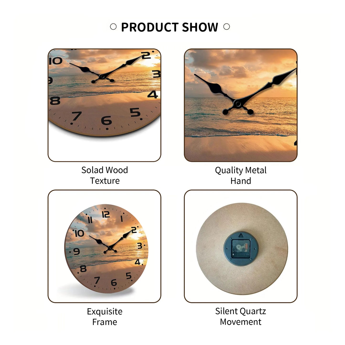 Sunset on the beach with Sea view Silent wall clock, round wooden wall clock, suitable for living room bedroom, room decoration,