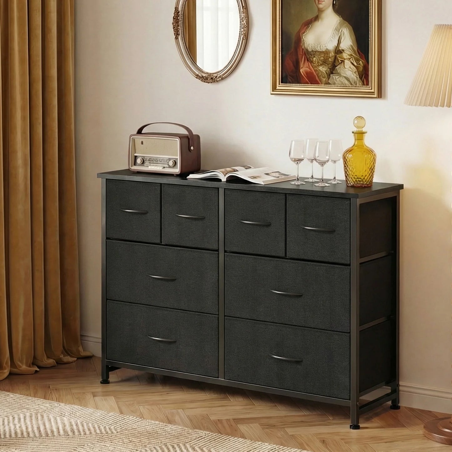 JHK 8 Fabric Drawers Dresser for Living Room Storage Tower with Wood Top and Mental Frame Wide Fabric Dresser for Closet Storage Unit for Entryway