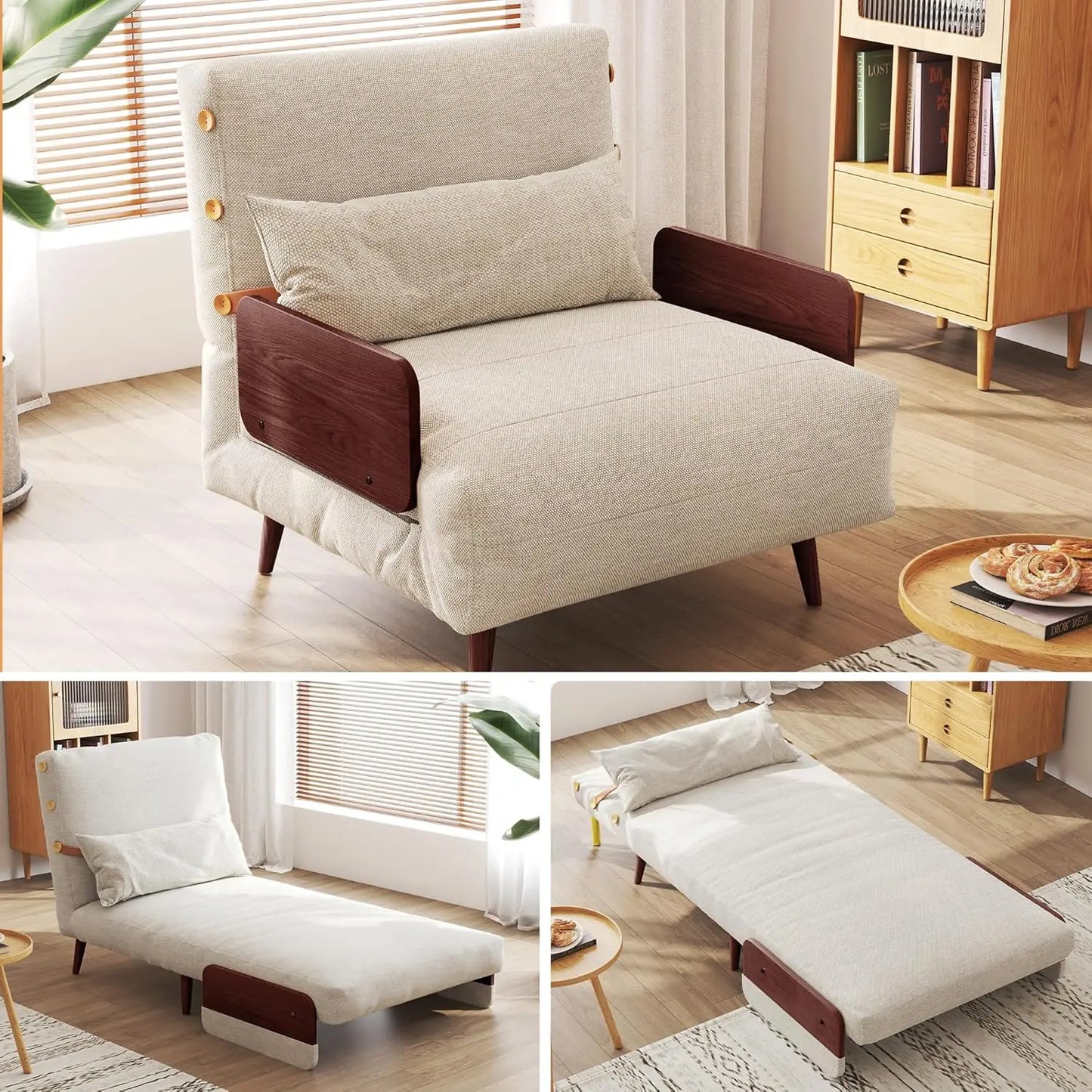 Linen 3-in-1 Convertible Chair Bed Sleeper for Adults Foldable Single Futon with Wooden Arms And Pillows - Comfortable, Customized
