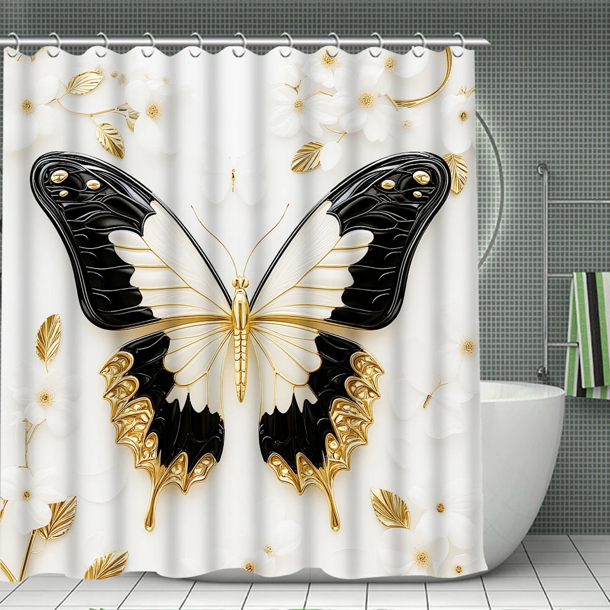 4Pcs Luxury Gold Butterfly Shower Curtain Set with Hooks, Elegant Black White Floral Print Waterproof Mildew Resistant Fabric Bath Mat for Family Bathroom Home Decor