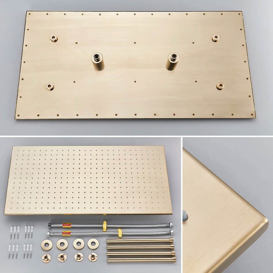 Bathroom Brushed Gold Thermostatic Shower Faucet Big Rainfall Head Ceiling Mounted Bathtub Mixer Tap Bath Shower Set System