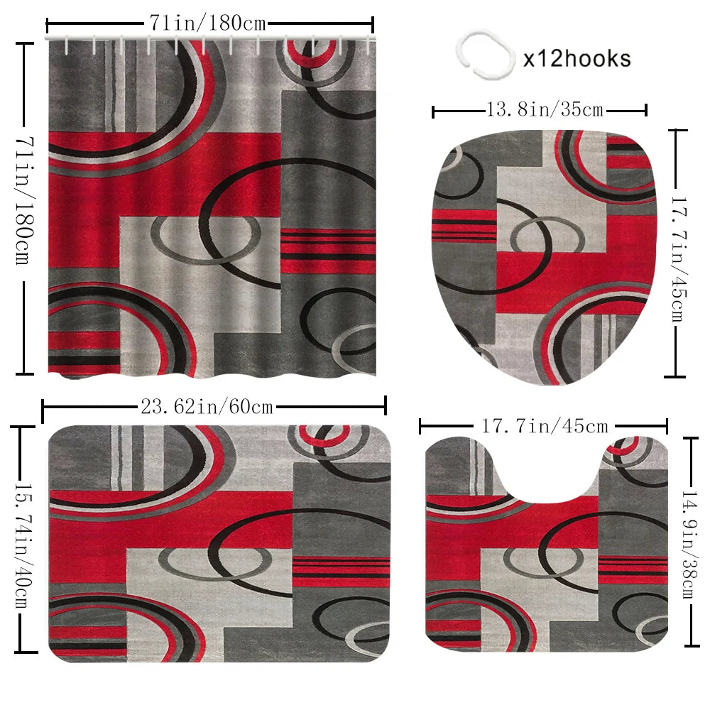 1/4 Geometric stripes shower Curtains, Toilet Seat Decoration, Shower Curtain with Carpet and Toilet Lid, 12 70.8x70.8 inch Hook