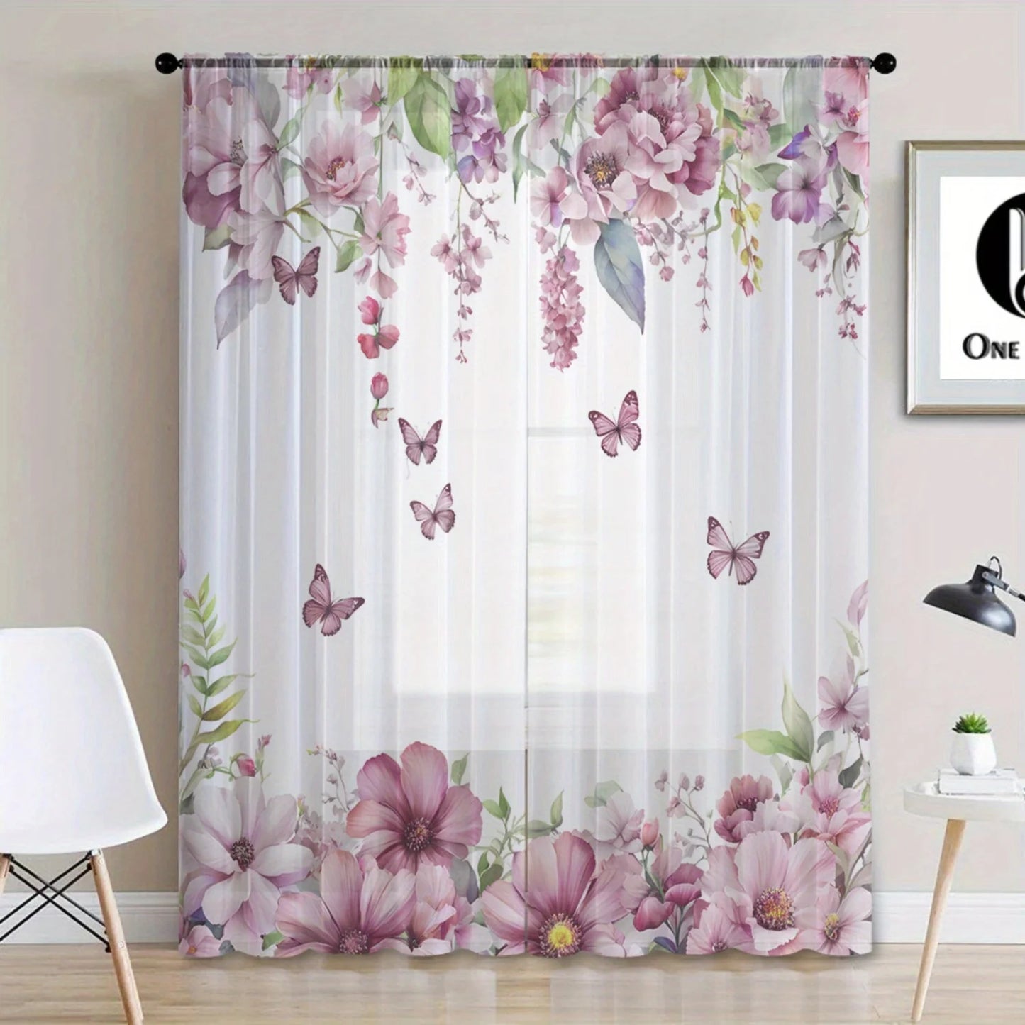 2 Pcs Elegant Pink Floral & Butterfly Curtains – Home Decor for Kitchen Cafe Living Room Dining Room Balcony Bedroom