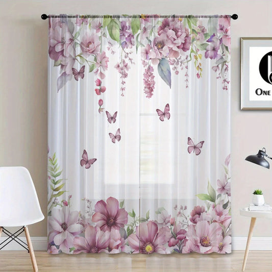 2 Pcs Elegant Pink Floral & Butterfly Curtains – Home Decor for Kitchen Cafe Living Room Dining Room Balcony Bedroom