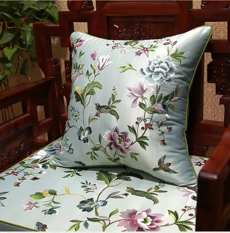 New Chinese Style Embroidered Bird Cushion Cover Living Room Sofa Waist Pillow Luxurious Classical Bed Head Silk Pillowcase