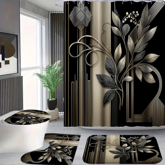 4Pcs Art Deco Gold Leaf Shower Curtain Set with Hooks, Vintage Geometric Botanical Print Waterproof Mildew Resistant Fabric Bath Mat for Family Bathroom Home Decor