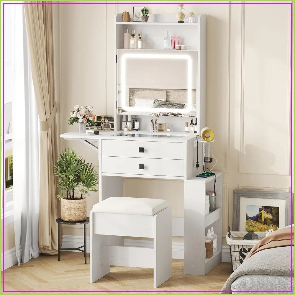 Small Makeup Vanity Desk with Fold-up Panel, White Vanity Set