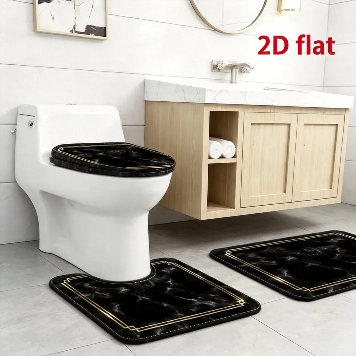 Luxury Black Marble Gold Border Bathroom Rug Set, Non Slip Bath Mat & Toilet Seat Cover, Water Absorbent Bathroom Decor