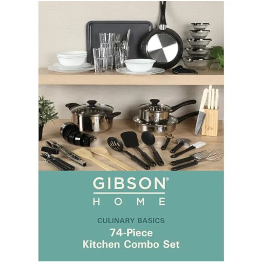 74 Piece Kitchen in a Box Pots and Pans Cookware Plates and Bowls Dinnerware Cutlery Knife Block Flatware Utensils Tools Gadget